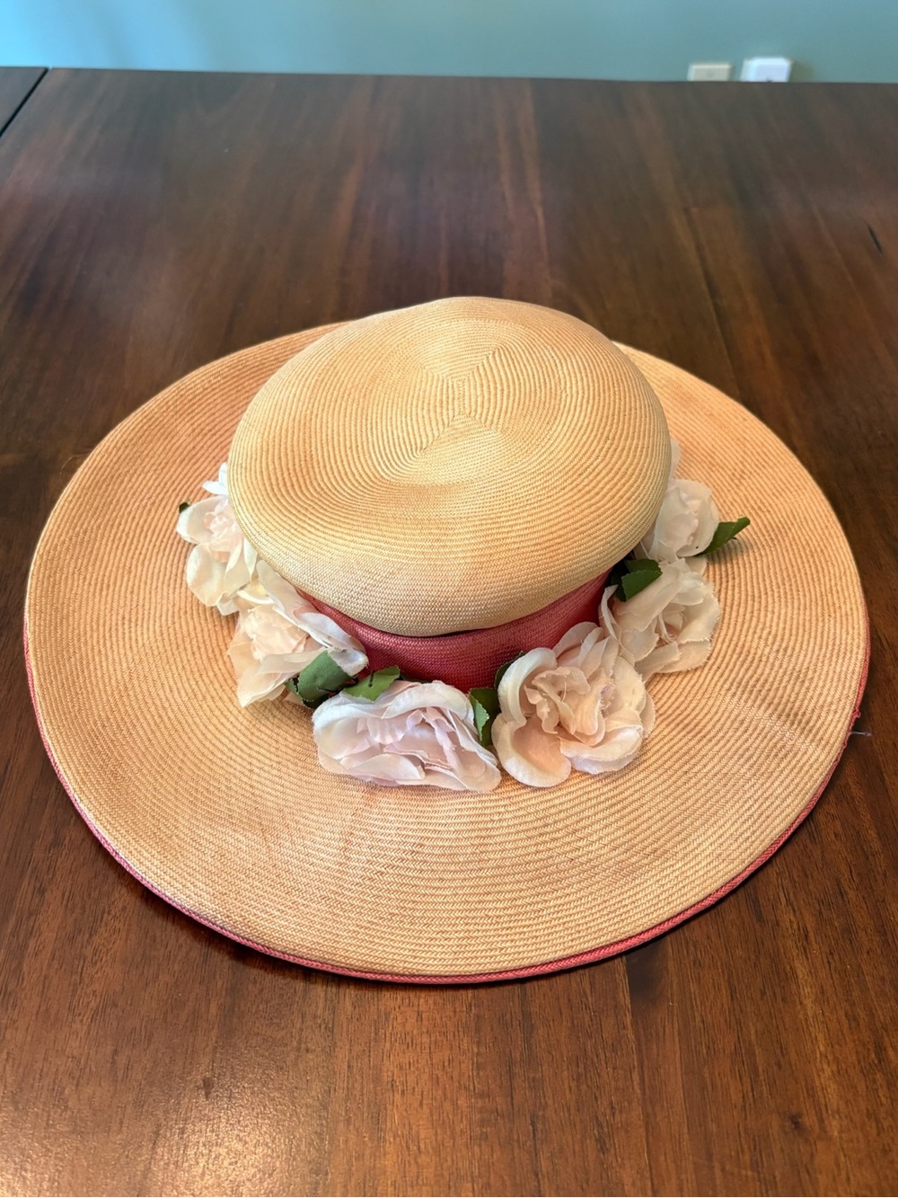 Vintage Adolfo New York Straw Hat Wide Brim Pink Floral Boater Derby